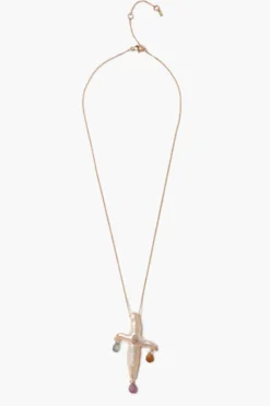 14k Chandelier Pearl Cross Necklace Natural Pink