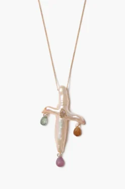 14k Chandelier Pearl Cross Necklace Natural Pink