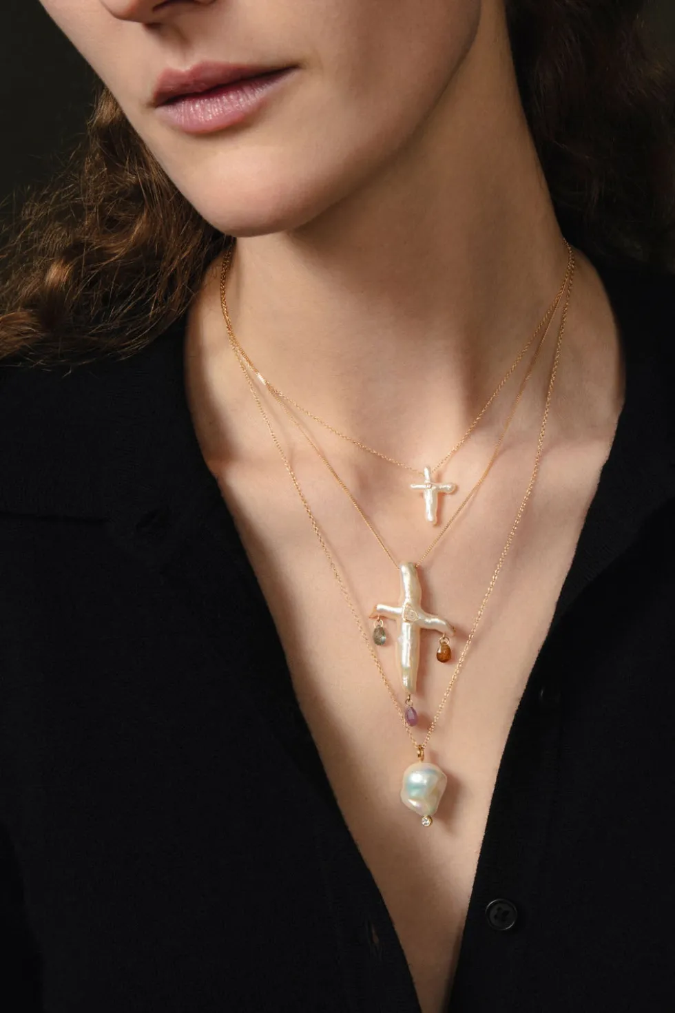 14k Chandelier Pearl Cross Necklace Natural Pink