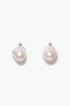 14k Diamond Baroque Earrings White Pearl