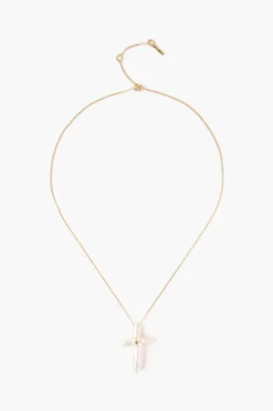14k White Baroque Pearl Cross and Champagne Diamond Necklace