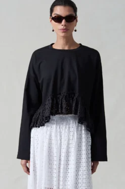 Laser Cut High Low Long Sleeve Tee Black