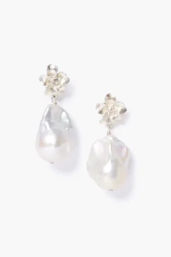 Silver Hibiscus Pearl Drop Earrings