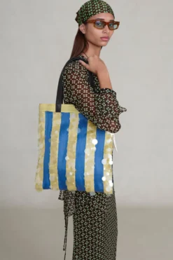 Striped Market Tote Bag Blue