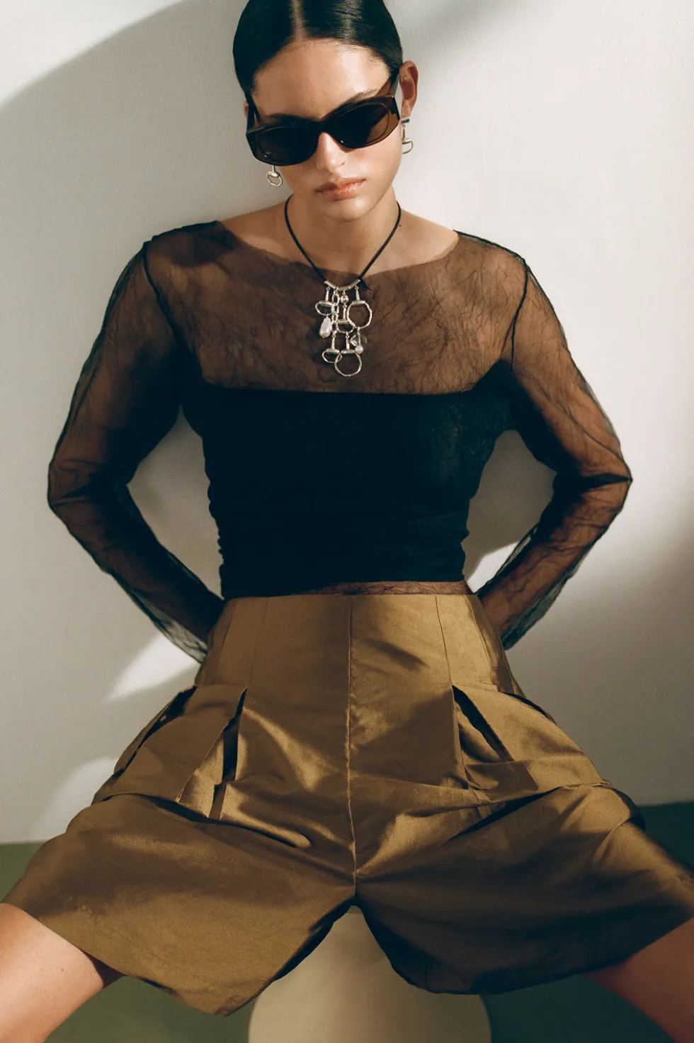 Techno Taffeta Long Shorts Bronze