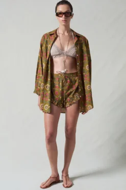 Wildflower Printed Ruffle Short Set Olive Green